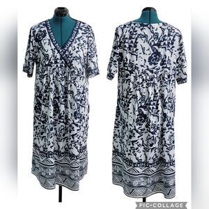 NWOT Short Sleeve Floral V Neck Midi Dress Elastic Waistband W Pockets Size XXL